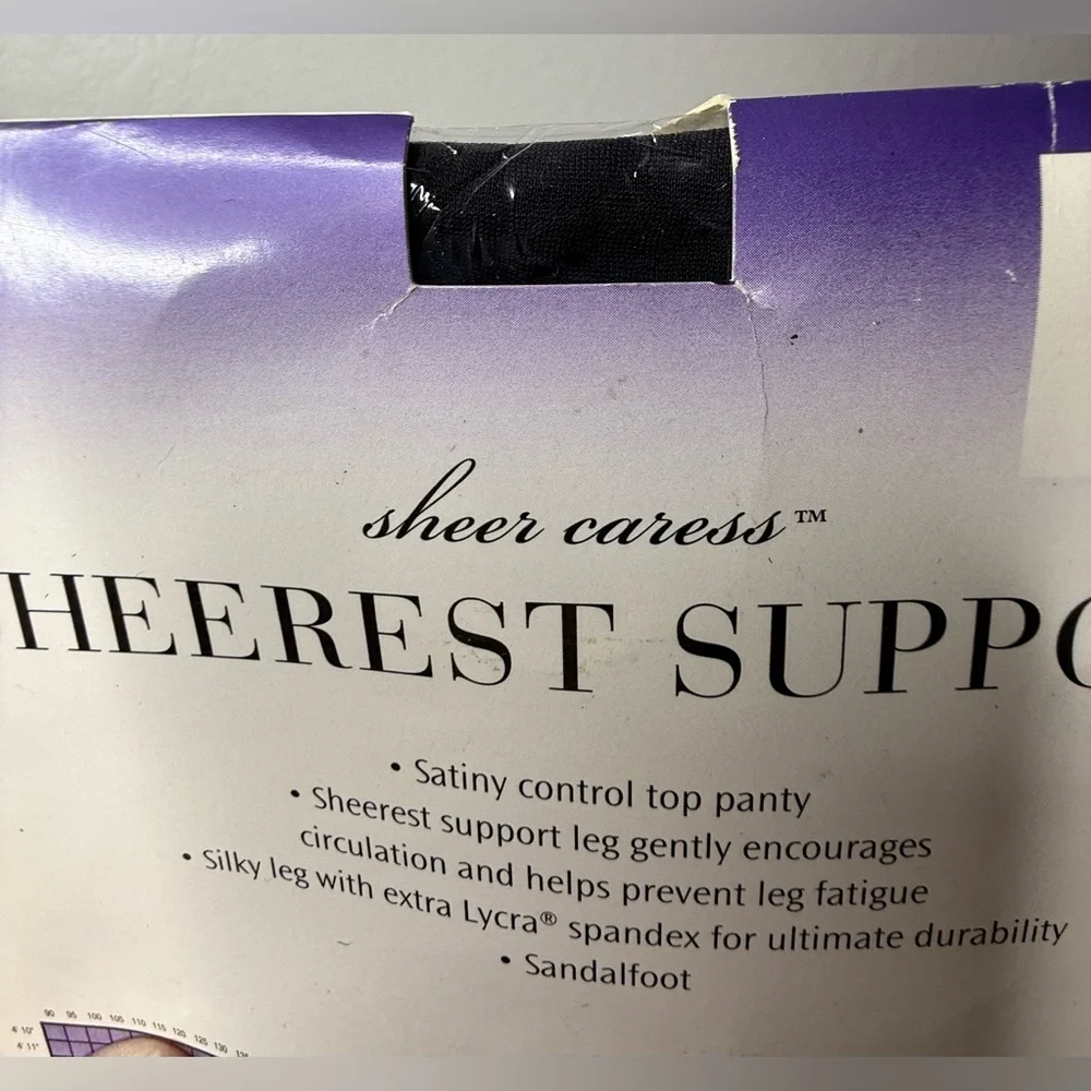 Vtg Sheer‎ Caress Sheerest Support LONG Pantyhose Off Black Control Top Sandal